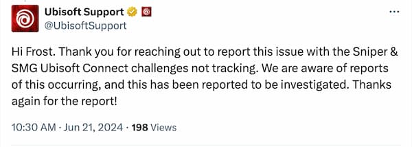 Ubisoft Support reply to a report about a Weekly Challenges bug in XDefiant