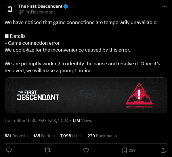 The First Descendant server down message on X