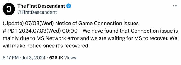 Follow up to the announcement of The First Descendant crashed servers
