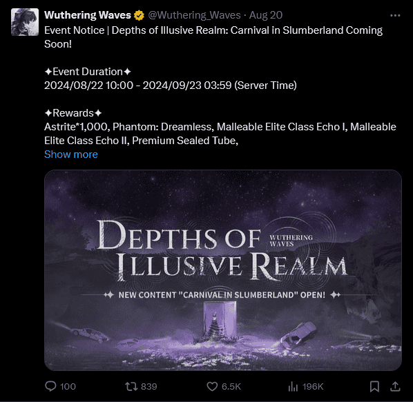 Wuthering Waves screenshot from X about the new Illusive Realm event