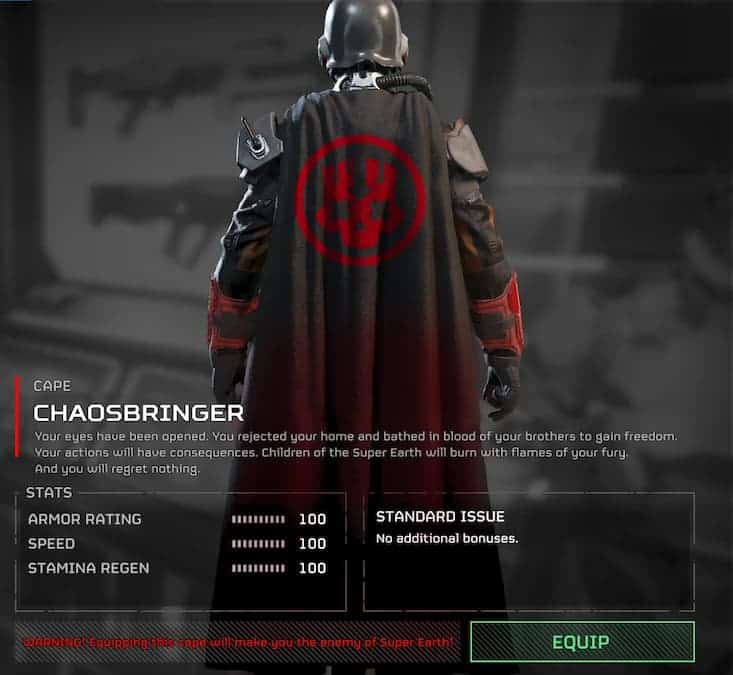 Design for a cape for the new faction of rebels in Helldivers 2.