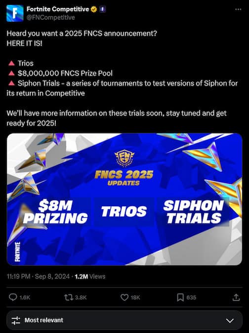 Fortnite screenshot of an annoucement for FNCS 2025