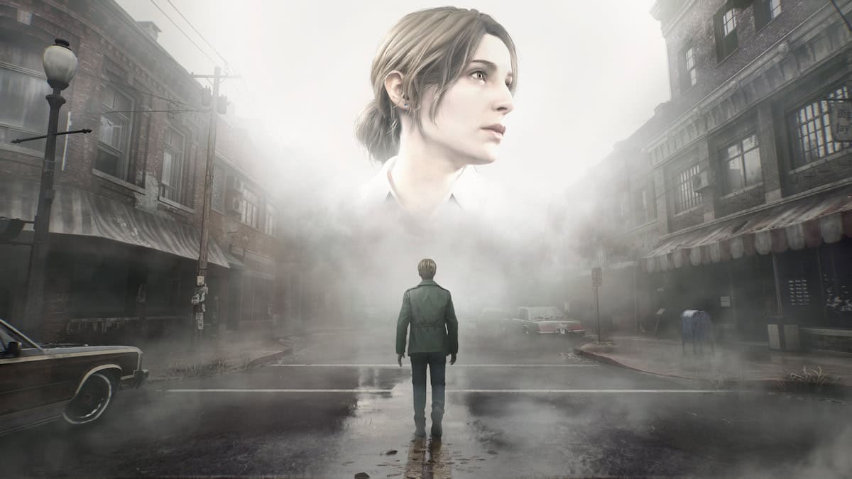 Playstation Silent Hill 2 remake key art of James walking through town with an image of his wife in the sky