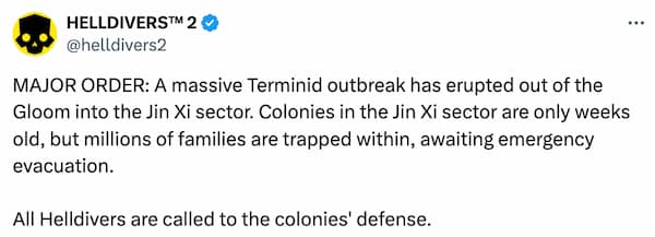 Helldivers 2 Major Order announcement on X.