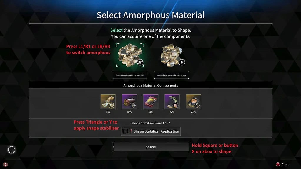 The First Descendant image depicting amorphous material menu with controller buttons assigned