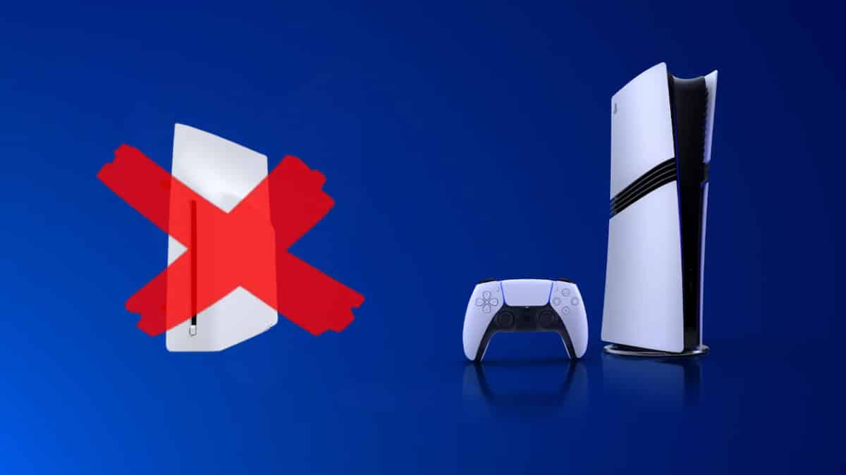 PlayStation 5 Pro console next to a crossed out external disk drive reader
