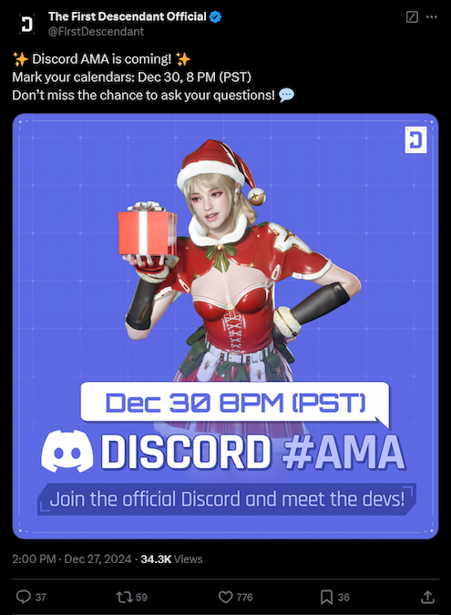The First Descendant screenshot of TFD's X profile announcing a live AMA session for December 30