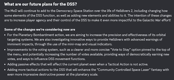 Plans for the future of the DSS from a manual on Helldivers 2 Discord.