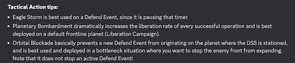 Some tips for the DSS from a manual on the Helldivers 2 Discord.