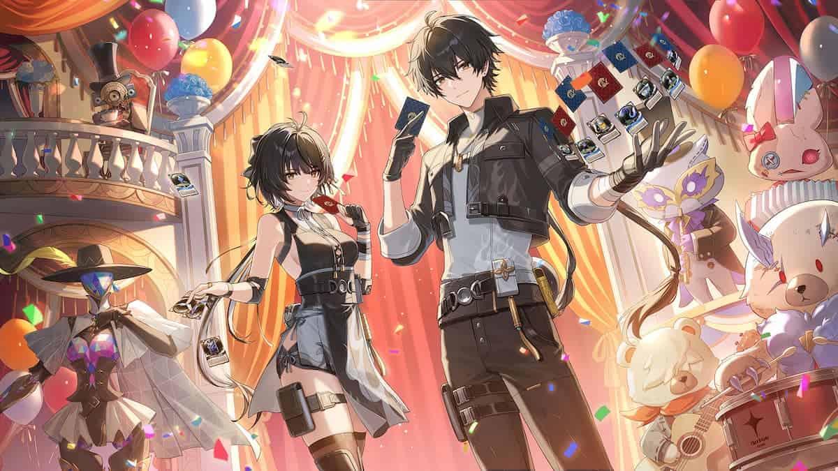 Wuthering Waves Rinascita Echo Fiesta keyart showing a male and female character surrounded by Echoes