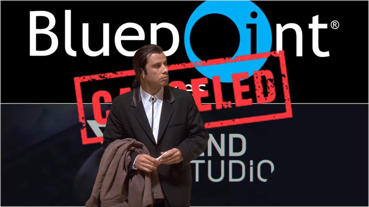 PlayStation Bend Studio and Bluepoint Games logos, with Canceled written in red letter over the two of them, showing the cancellation of the two live service projects with John Travolta from Pulp Fiction added