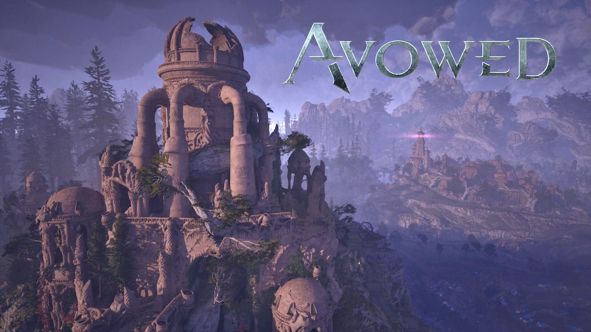 Avowed image of a ruined structure with game's logo
