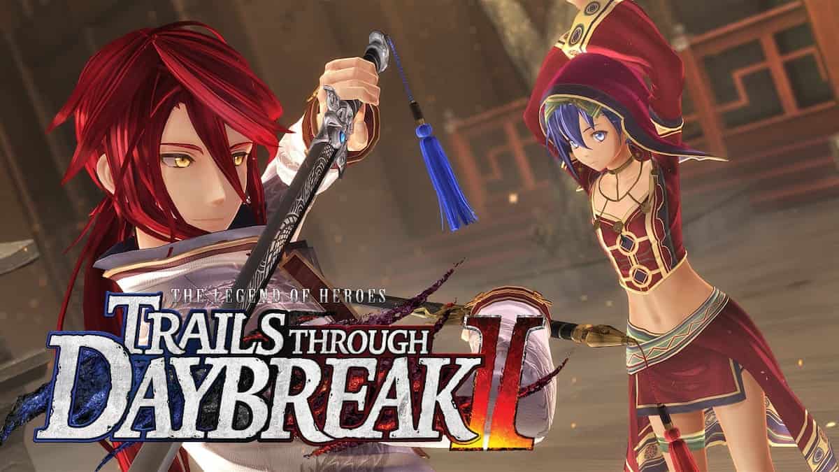 The Legend of Heroes Trails Through Daybreak 2 a male character with swords and red hair and a girl in red robes and blue hair, with the game's logo in the corner
