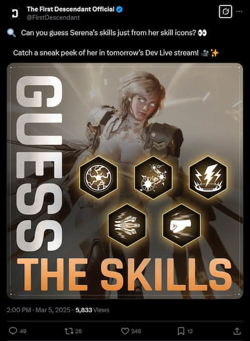 The First Descendant X post from FirstDescendant showing Serena and Skill icons
