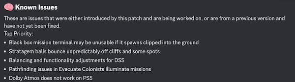 Top Priority known issues include Stratagem Ball bouncing in Helldivers 2.