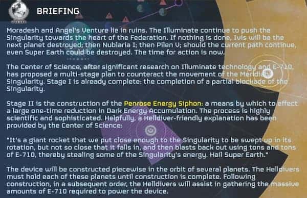 Briefing of the Major Order in Helldivers 2 explains Stage II.