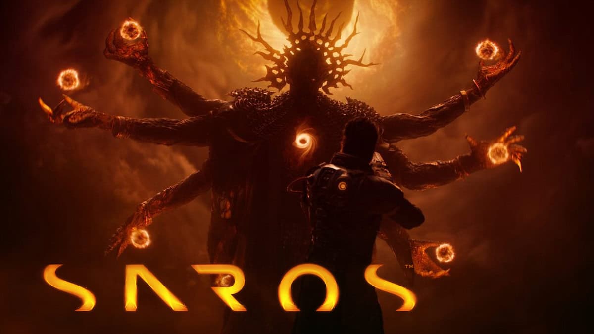 Saros image of a six-handed humanoid and the game's logo