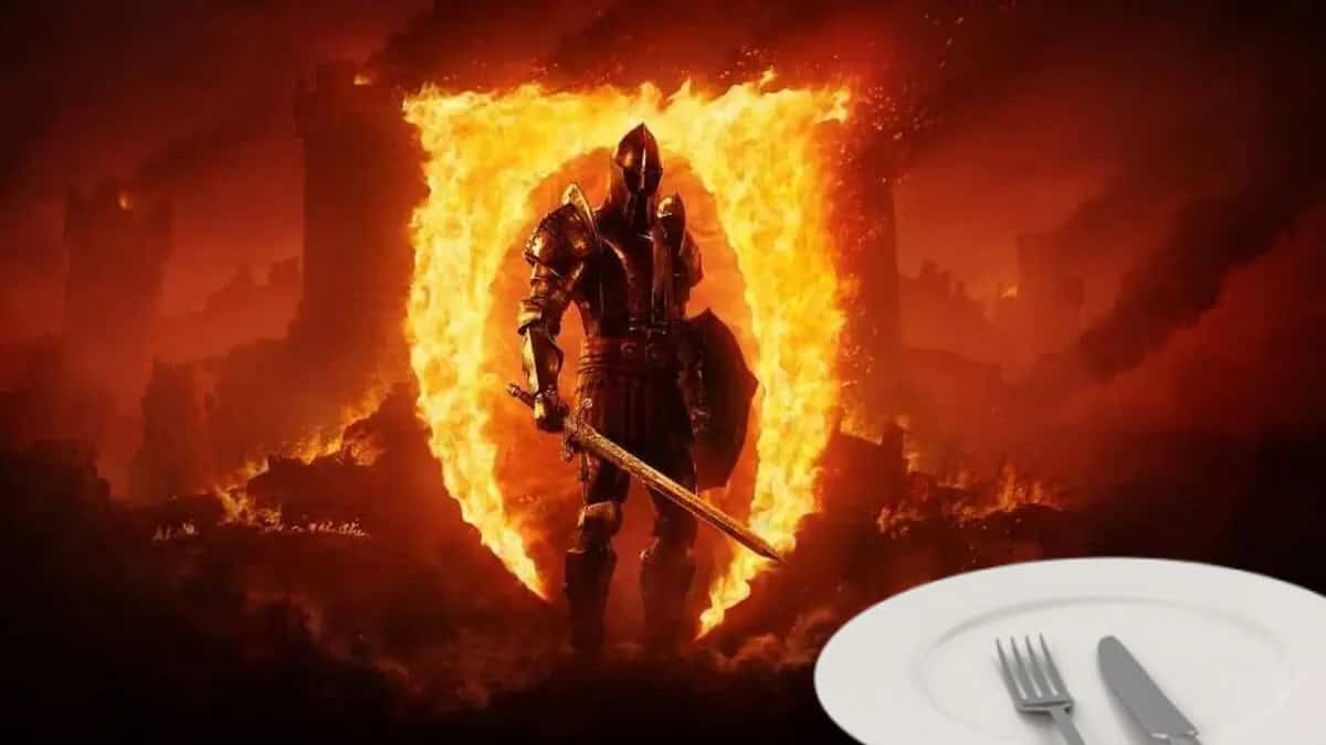 The Elder Scrolls IV Oblivion Remaster image of a knight in front of a fiery letter, with a white plate, for a fan who promised to eat a photo of Todd Howard