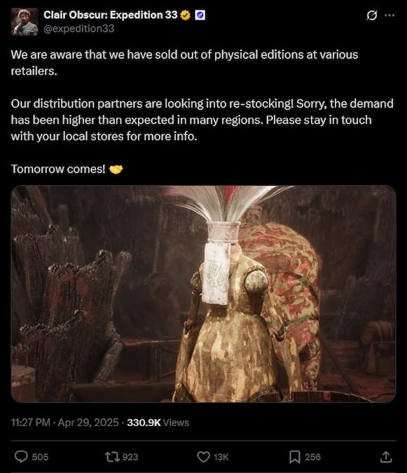 Clair Obscur Expedition 33 developers statement on X about the shortage of copies