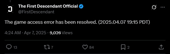 The First Descendant X post saying the critical issue has been resolved.