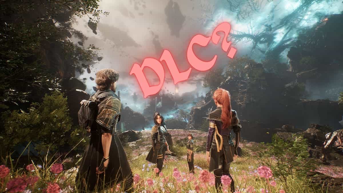 Clair Obscur Expedition 33 image of the game's protagonists in a field with a text saying DLC