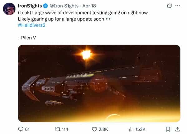 Helldivers 2 devs are testing the next update.