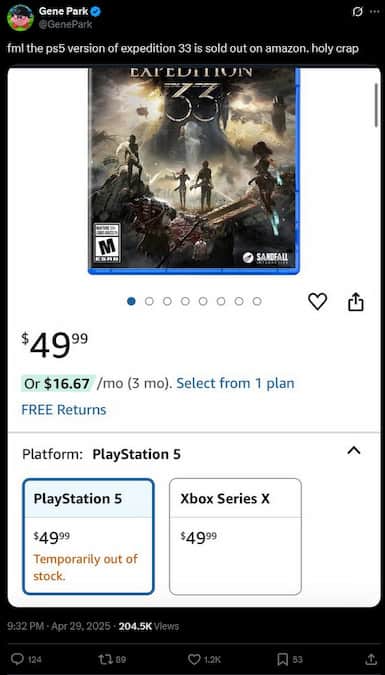 Clair Obscur Expedition 33 screenshot of GenePark's post about the game being out of stock on amazon