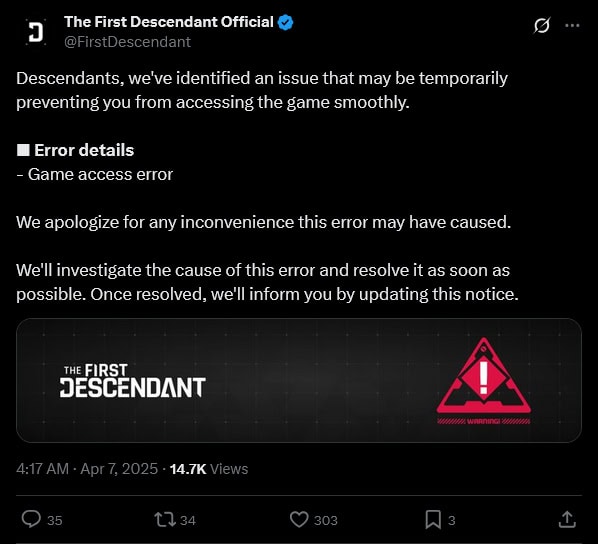 The First Descendant X post about a critical game issue preventing access to the game.