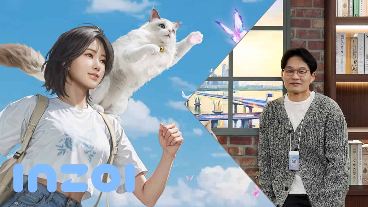 inZOI promo iamge of a girl and psycat, with a photo of Kjun, the producer at Krafton