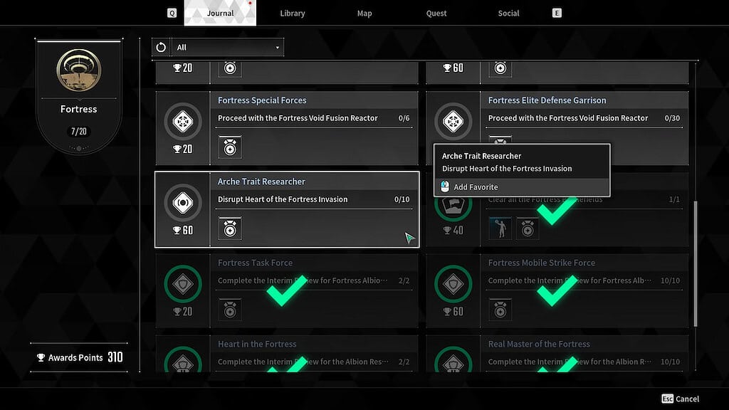 The First Descendant image of the Awards screen, with the Fortress Invasion Award highlighted