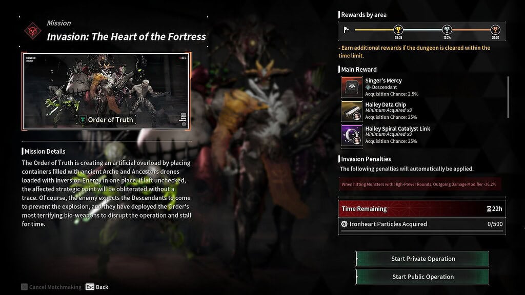 The First Descendant image of the FOrtress Invasion screen, showing the mission description, rewards, and penalties.