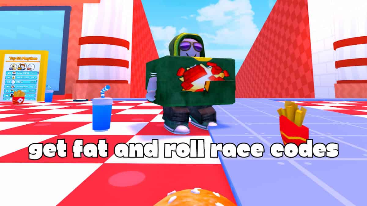 Get Fat and Roll Race fat Roblox character stading in the tiled lobby, with the text saying get fat and roll race codes.