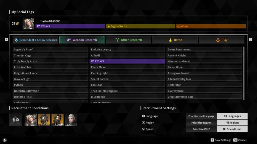 The First Descendant image for the Party Finder screen, showing various tags that players can choose from.