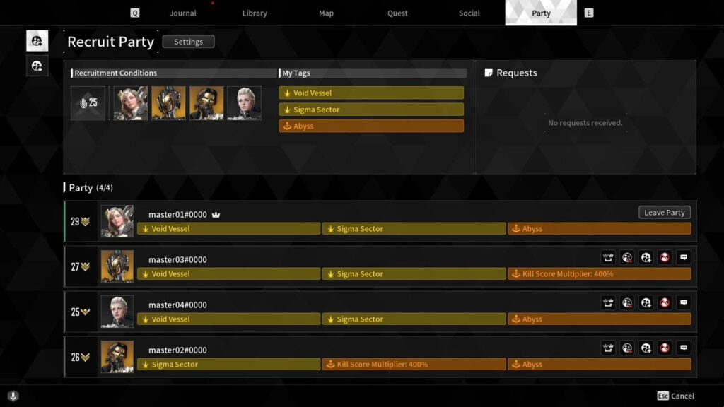 The First Descendant image for the Party Finder screen, showing four different players with their respective tags.