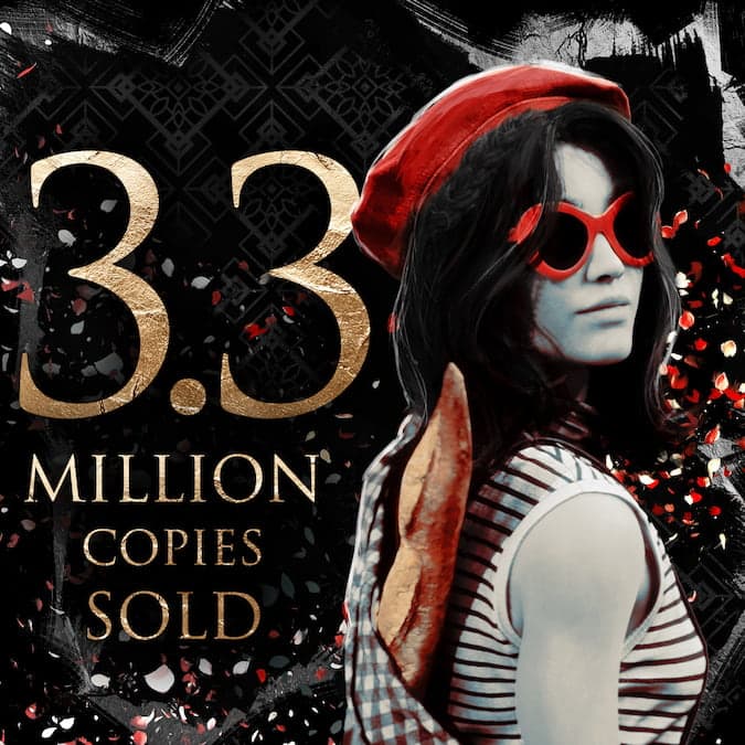 Clair Obscur: Expedition 33 image of Lune in the Baguette outfit, with the text saying 3.3 million copies sold