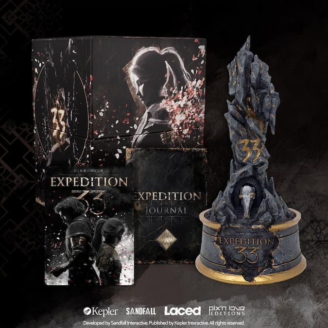 Clair Obscur: Expedition 33 the contents of the Monolith Set, feturing a steelbox, artboox, and a monolith-shaped music box.