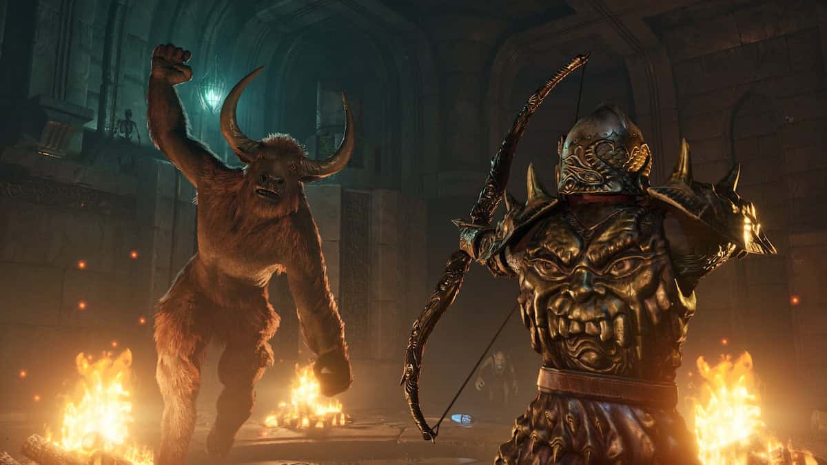 The Elder Scrolls IV Oblivion Remaster image of a character fighting a Minotaur in a dungeon with flames in the backgound
