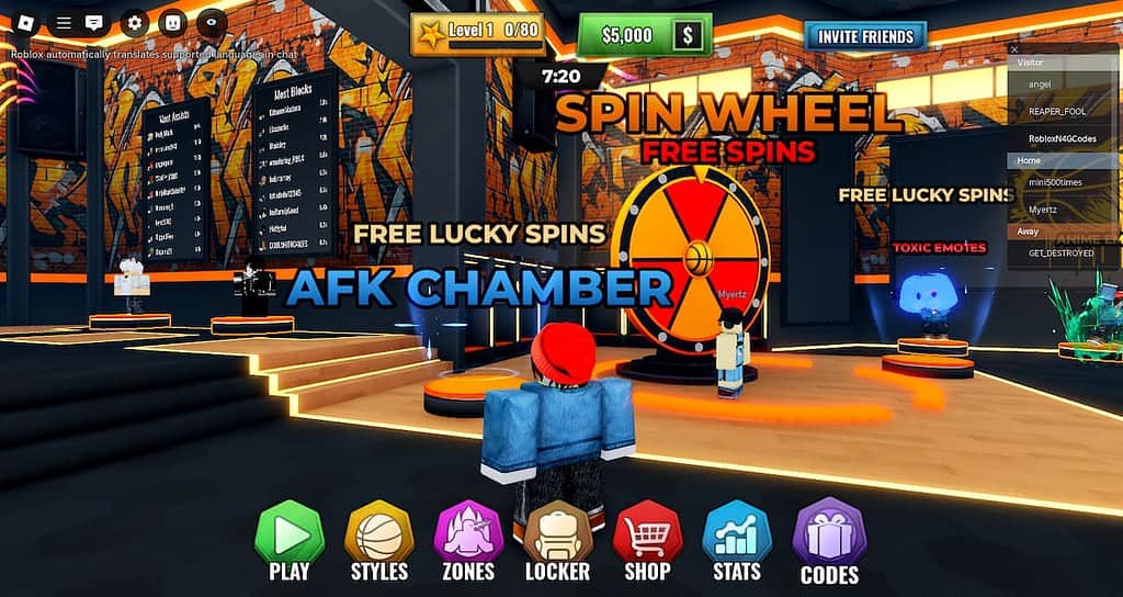 Basketball Zero image of the Spin Wheel and AFK zone in the lobby