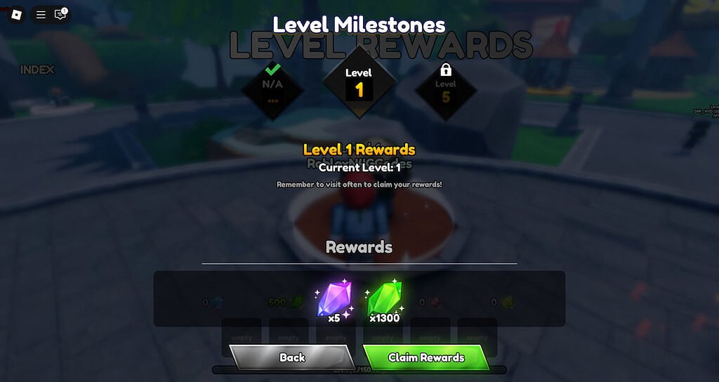 Anime Last Stand Level Milestones screen showing rewards for the new level