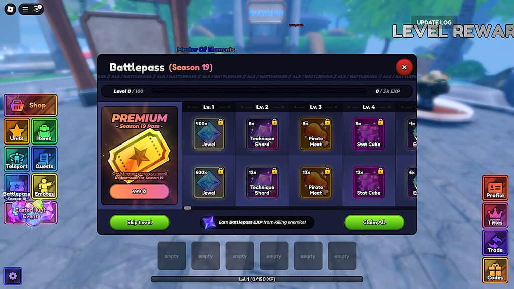 Anime Last Stand Battle Pass screen showing rewards for free and the premium track