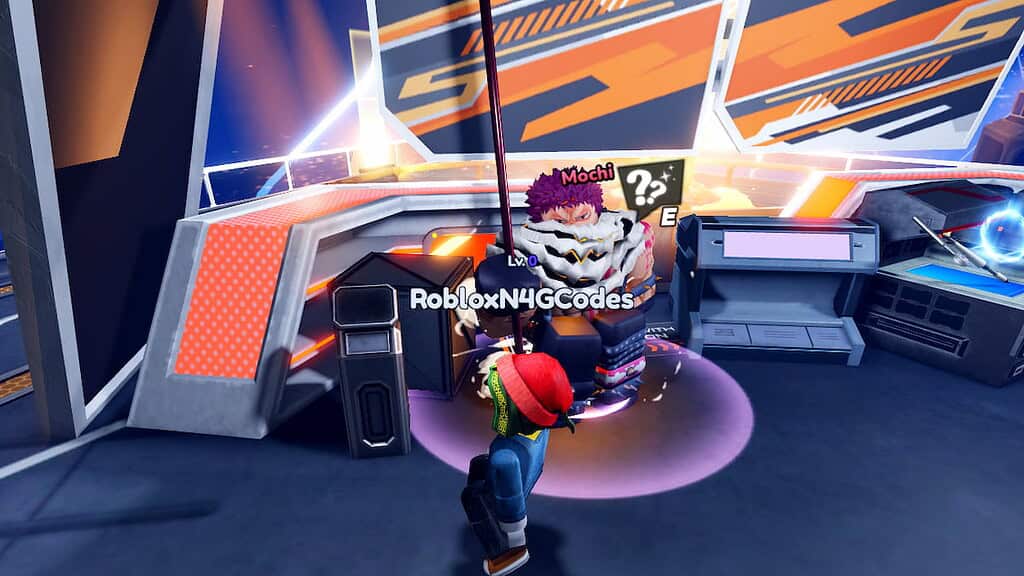 Anime Saga Roblox character standingin fron of an NPC called Mochi