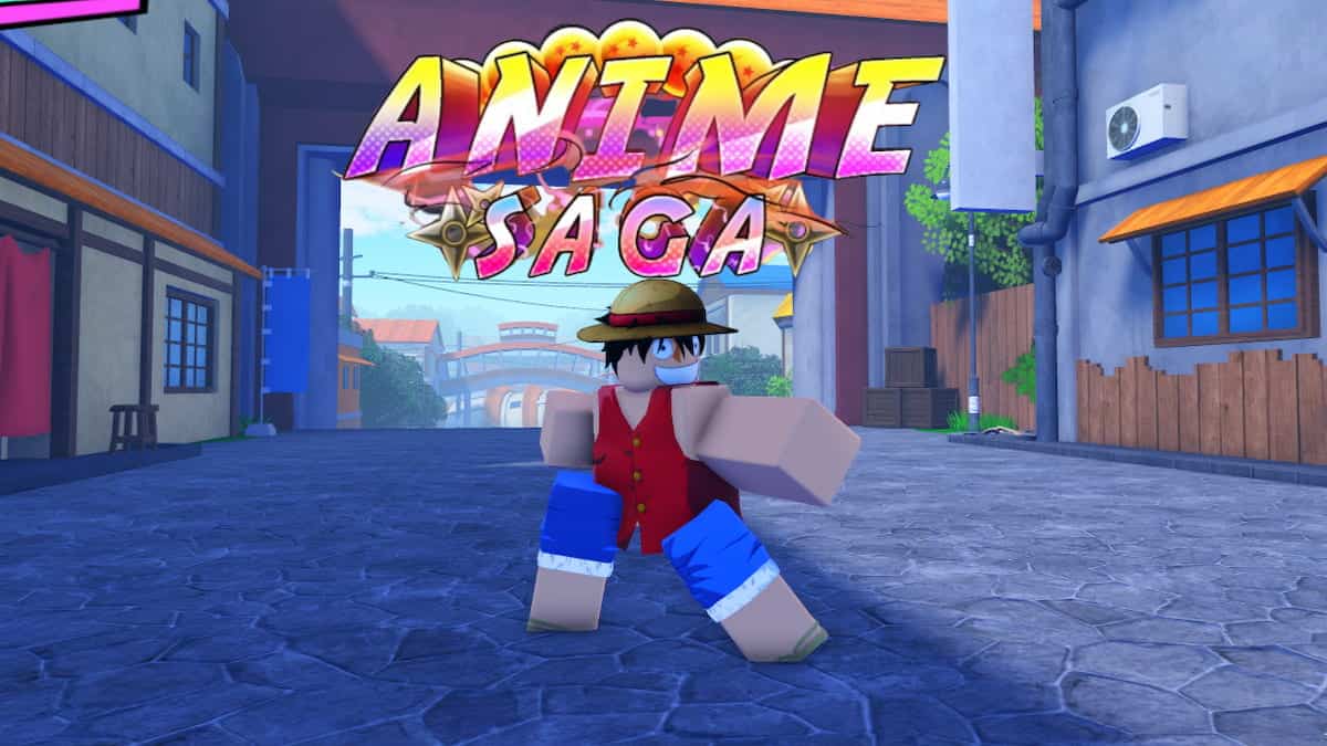 Anime Saga logo with a Luffy like character posing in the middle of a town square.