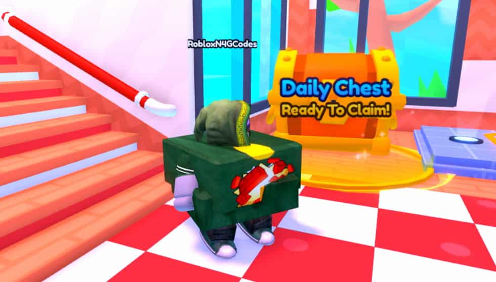 Get Fat and Roll Race Roblox character standing next to a giant golden chest, named Daily Chest.