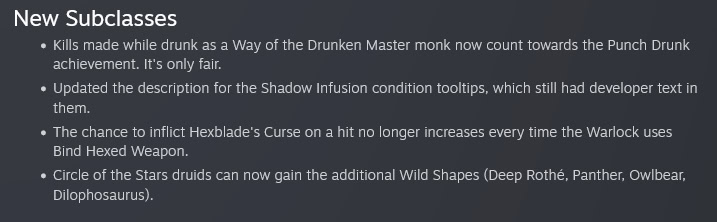 Baldur's Gate 3 screenshot of the new subclasses section of the latest hotfix