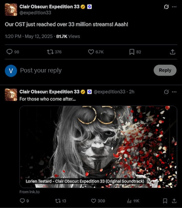 Clair Obscur: Expedition 33 X screenshot of the devs post about the soundtrack reaching 33 million streams.