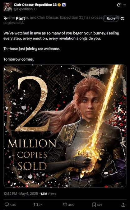 Clair Obscur Expedition 33 X post about a new sales milestone of two million copies sold in 12 days