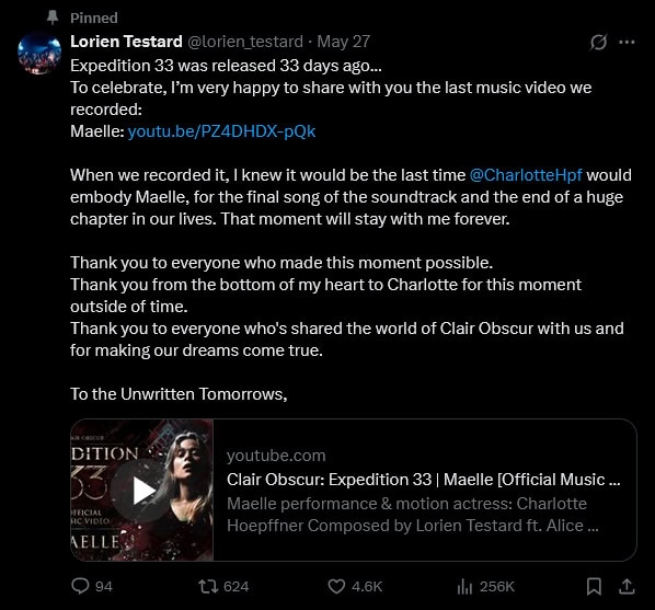 Clair Obscur: Expedition 33 screenshot of Lorien Testard's X post about the music video for maelle