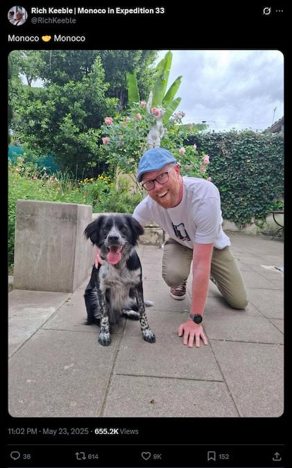 Clair Obscur: Expedition 33 screenshot of an X post with and image of Rich Keeble and Monoco the dog.