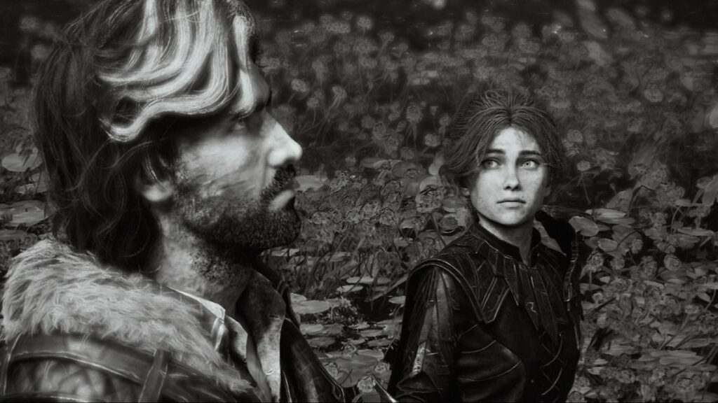 Clair Obscur: Expedition 33 black and white image of Maelle looking at Verso.
