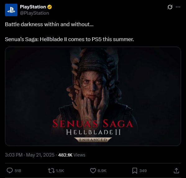 Senua’s Saga Hellblade 2 image of the X post where Sony says that the game is coming to PlayStation this summer.